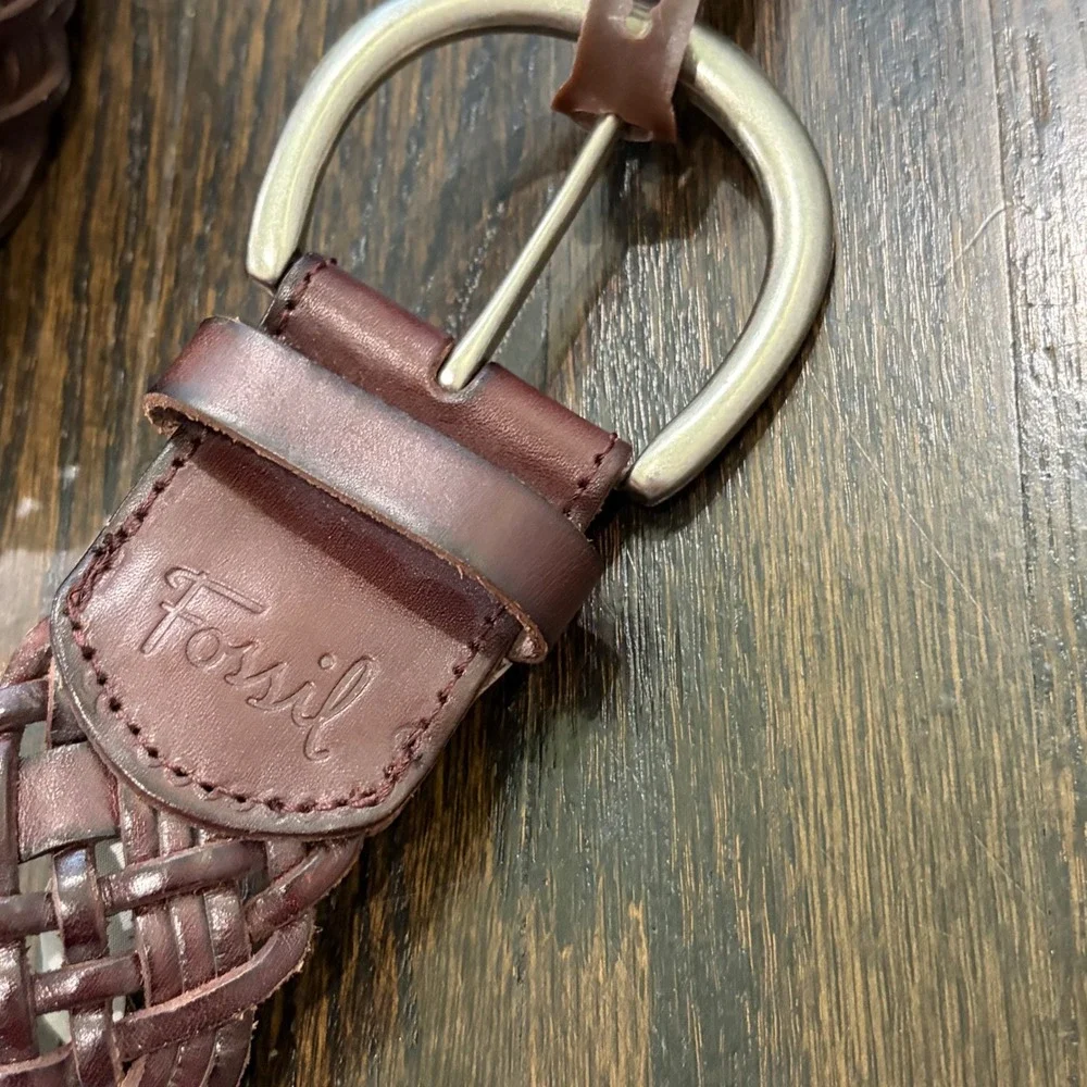 Fossil Huarache Weave Belt Women Medium Brown NEW Leather Boho Western